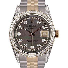 Rolex Datejust Two Tone Custom Black Mother of Pearl String Diamond Dial 36mm Unisex Watch