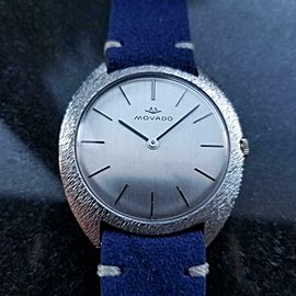 Men's Movado 18k White Gold Hand-Wind Dress Watch c.1960s Swiss Vintage MA144BLU