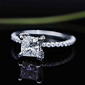 Delicate White Gold Engagement ring with center 1.22ct Princess Cut Diamond a...