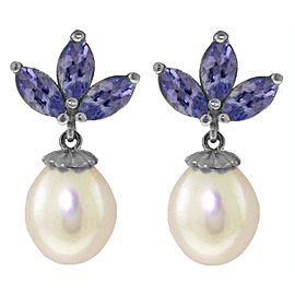 9.5 CTW 14K Solid White Gold Dangling Earrings Cultured Pearl Tanzanite