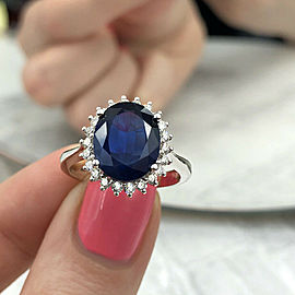 14k White Gold Cocktail Ring with 4.20ct. Oval Natural Blue Sapphire & DIAs