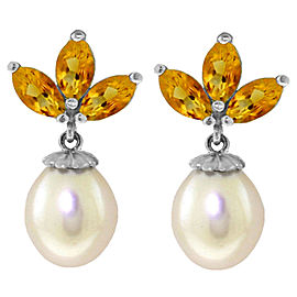 9.5 CTW 14K Solid White Gold Dangling Earrings Cultured Pearl Citrine