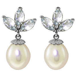 9.5 CTW 14K Solid White Gold Dangling Earrings Cultured Pearl Aquamarine