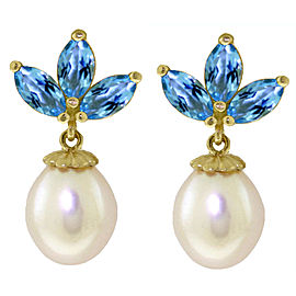 9.5 CTW 14K Solid Gold Dangling Earrings Cultured Pearl Blue Topaz