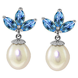 9.5 CTW 14K Solid White Gold Dangling Earrings Cultured Pearl Blue Topaz