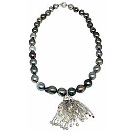 Diamond Sapphire Ruby Tahitian Pearl Necklace 18k Gold Certified $13,950 910880