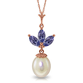 14K Solid Rose Gold Necklace with Cultured Pearl & Tanzanites