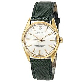 Rolex Oyster Perpetual 18k Yellow Gold Green Leather Auto Silver Mens Watch 1007