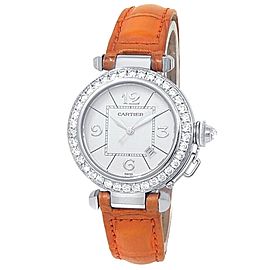 Cartier Pasha 18k White Gold Orange Leather Diamonds Silver Ladies Watch