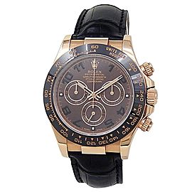 Rolex Daytona 18k Rose Gold Black Leather Auto Chocolate Men's Watch