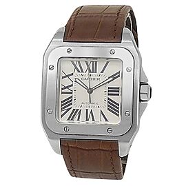 Cartier Santos Stainless Steel Brown Leather Auto Silver Mens Watch