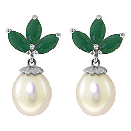 9.5 CTW 14K Solid White Gold Dangling Earrings Cultured Pearl Emerald