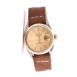 Rolex Datejust 18K Yellow Gold & Stainless Steel Champagne Stick Dial Brown Strap 36mm Mens Watch