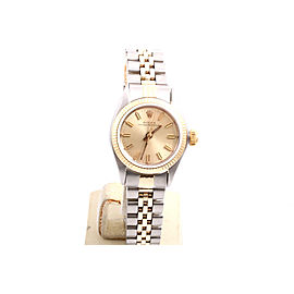 Rolex Oyster Perpetual 2tone Yellow Gold / Stainless Steel Champagne Stick Dial 24mm Womens Watch