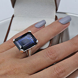 14k White Gold Cocktail Ring w/ 25.00ct Emerald cut Blue Sapphire & 1.50ct. DIAs