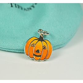 Tiffany & Co. Silver & Enamel Pumpkin Halloween Jack-o-Lantern Charm w/ Bag