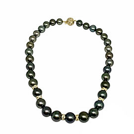 Diamond Tahitian Pearl Necklace 18k Gold 13.07 mm 17" Certified