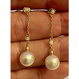 Diamond Akoya Pearl Drop Earrings 14k Gold 9.4 mm Women Certified $1,199 721760