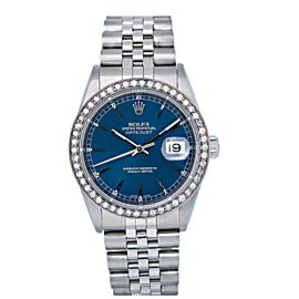 ROLEX DATEJUST 36MM STAINLESS STEEL WITH DIAMOND BEZEL BLUE DIAL JUBILEE 16220