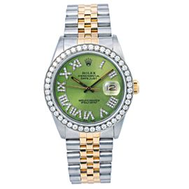 ROLEX DATEJUST 36MM WATCH 1601 GREEN DIAMOND DIAL WITH TWO TONE BRACELET