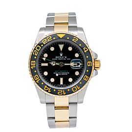 ROLEX GMT MASTER II TWO TONE WATCH BLACK DIAL CERAMIC BEZEL 116713 LN