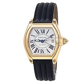 Cartier Roadster 18k Yellow Gold Black Leather Auto Silver Men's Watch