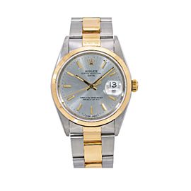 ROLEX DATE WATCH 15203 34MM STEEL AND YELLOW GOLD SILVER DIAL OYSTER BRACELET