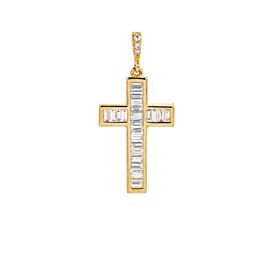 YELLOW GOLD CROSS PENDANT WITH BAGEUTTE DIAMONDS 14K 0.25CT 1.5''