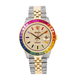 ROLEX DATEJUST 36MM WATCH 16013 STEEL AND YELLOW GOLD RAINBOW BEZEL JUBILEE BAND