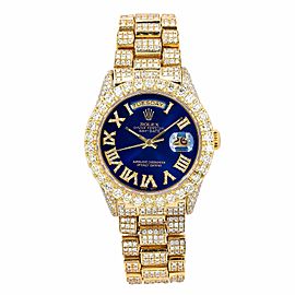 ROLEX DAY DATE PRESIDENT 36MM WATCH 18038 YELLOW GOLD FULLY ICED OUT BLUE DIAL