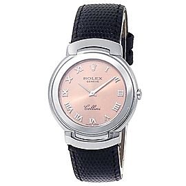 Rolex Cellini 18k White Gold Black Leather Quartz Pink Ladies Watch 6622