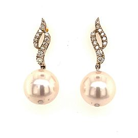 Diamond Akoya Pearl Dangle Earrings 14k Gold 9.2 mm Certified