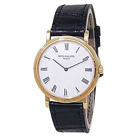 Patek Philippe Calatrava 18k Yellow Gold Leather Auto White Men's Watch