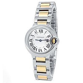 Cartier Ballon Blue 28mm 18k Yellow Gold Steel Quartz Silver Watch