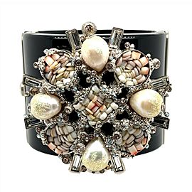 CHANEL- 12P Faux Pearl / Crystal Resin Cuff - Black / Silver-Toned Bracelet