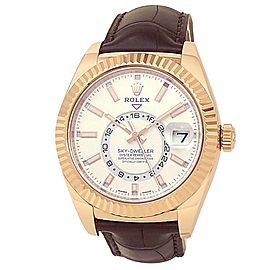 Rolex Sky-Dweller 18k Everose Gold Brown Leather Auto White Men's Watch