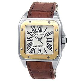 Cartier Santos 100 Stainless Steel Gold Leather Auto Silver Men's Watch W20077X7