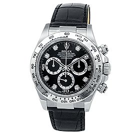 Rolex Daytona 18k White Gold Black Leather Automatic Black Men's Watch