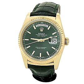 Rolex Day-Date 18k Yellow Gold Green Leather Automatic Green Men's Watch