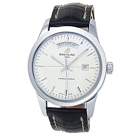 Breitling Transocean Day-Date Stainless Steel Leather Silver Men's Watch