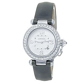 Cartier Pasha 18k White Gold Satin Leather Auto Diamond Silver Ladies Watch