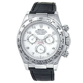 Rolex Daytona 18k White Gold Black Leather Automatic White Men's Watch