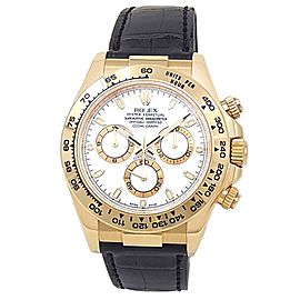 Rolex Daytona 18k Yellow Gold Black Leather Automatic White Men's Watch