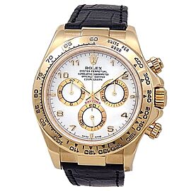 Rolex Daytona 18k Yellow Gold Black Leather Automatic White Men's Watch