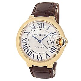 Cartier Ballon Bleu 18k Yellow Gold Leather Auto Silver Men's Watch