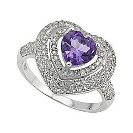 925 Sterling Silver Purple Amethyst and 0.07ct. Diamonds Synthetic White Sapphire Ring Size 8