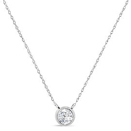 AGS Certified 10K White Gold 1/5 Cttw Bezel Set Round Diamond Solitaire 16-18" Adjustable Pendant Necklace (H-I Color, SI1-SI2 Clarity)