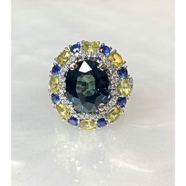 18K White Gold Cushion Cut Blue and Yellow Sapphire Diamond Ring