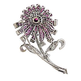 Gold Diamond Ruby Large Flower Brooch Pin