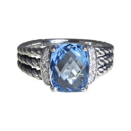 David Yurman Petite Wheaton Sterling Silver with Blue Topaz & Diamond Ring Size 6.5